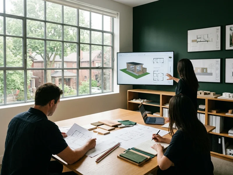 Design team reviewing garden suite plans in a Toronto studio