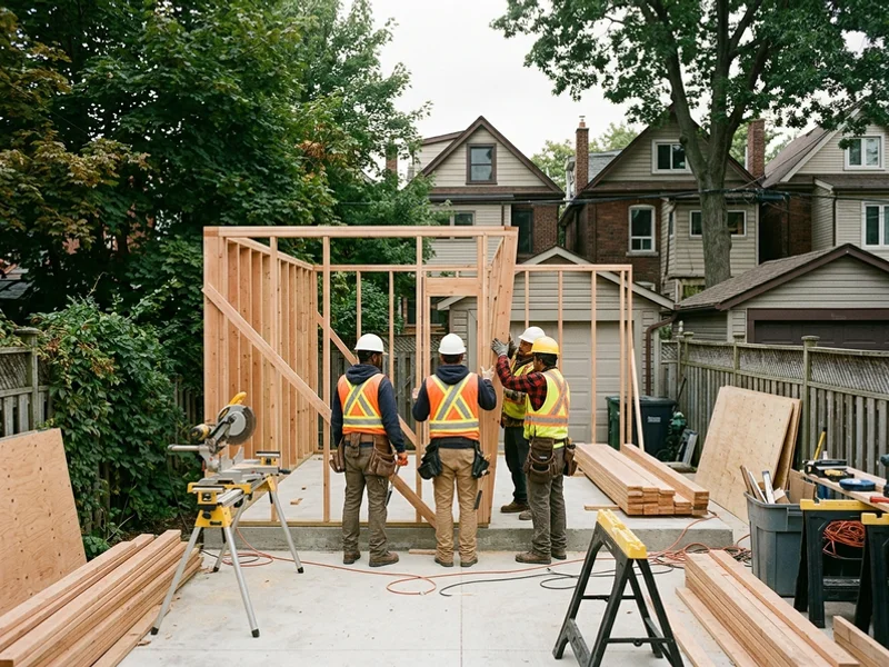 Construction crew in hard hats framing a garden suite in a Toronto backyard