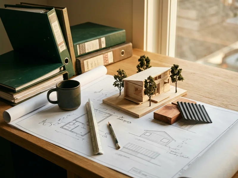 Design workspace with a garden suite scale model and material samples