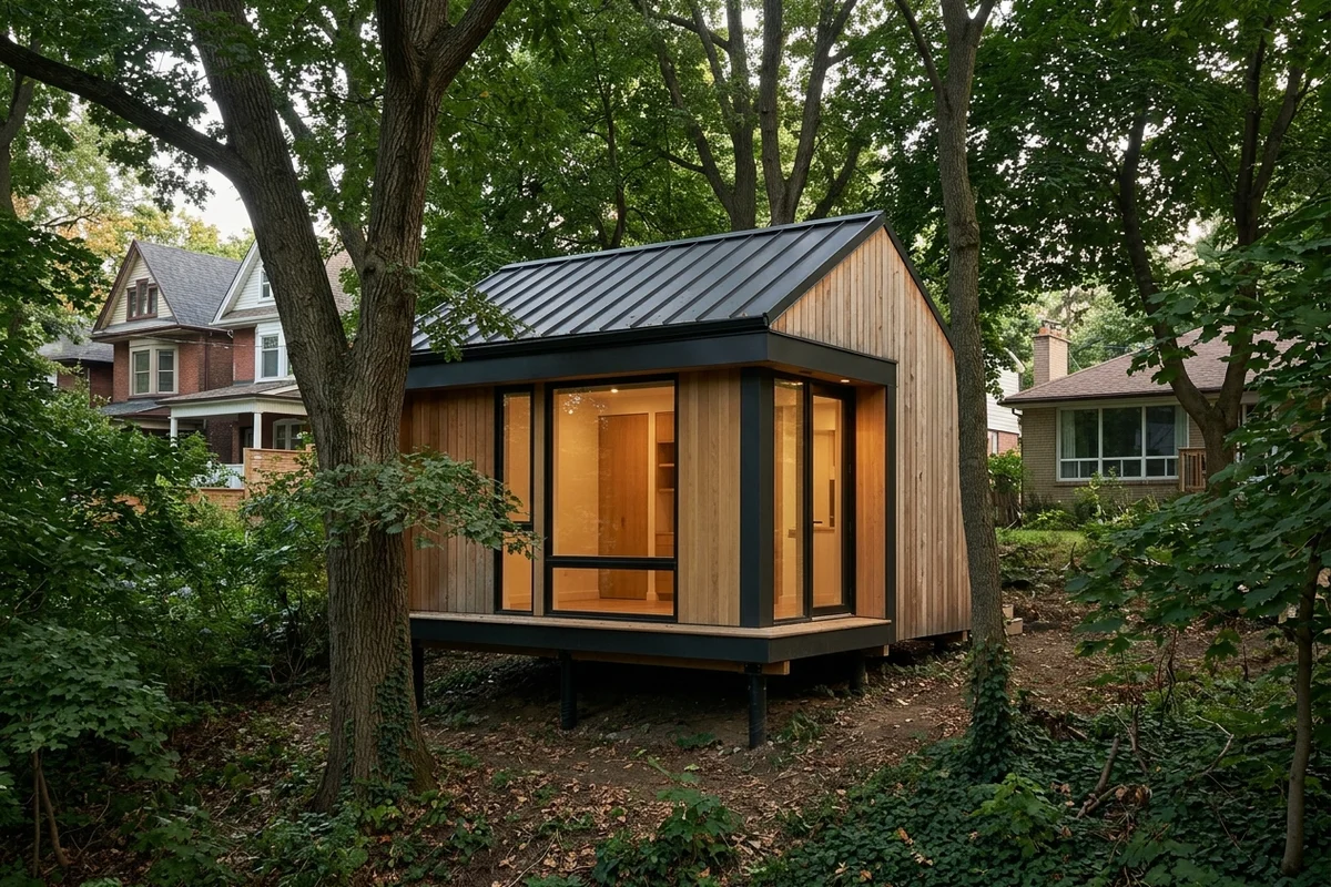 52 sqm garden suite on helical piles beside a ravine near High Park