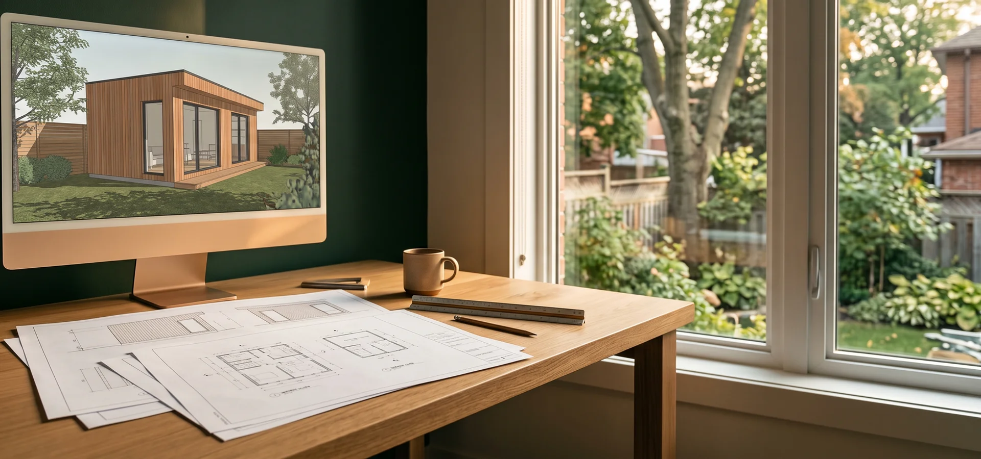 Garden suite floor plans and a 3D rendering on a designer's desk
