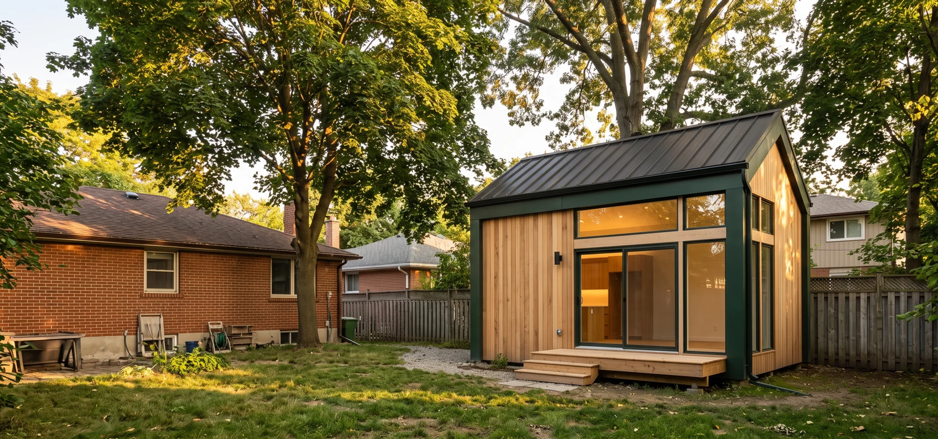 Cedar-clad garden suite behind a 1950s bungalow on a deep Etobicoke lot