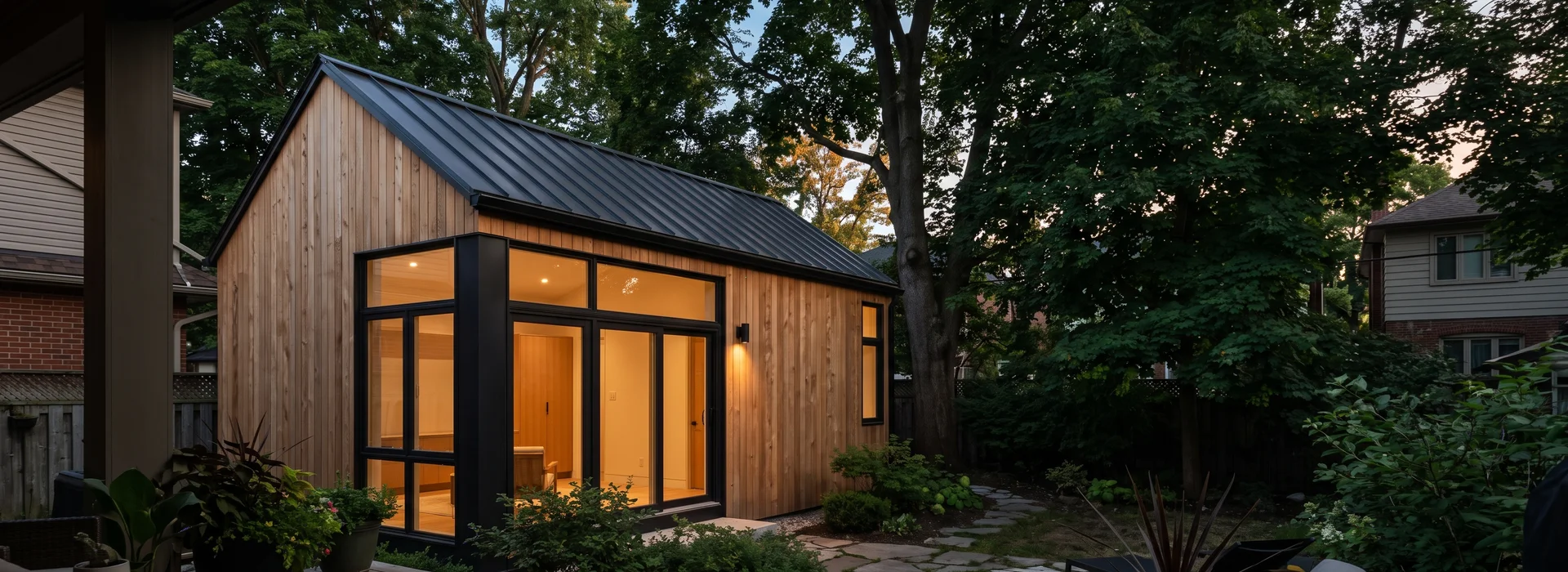Completed cedar-clad garden suite seen from the main house porch at dusk