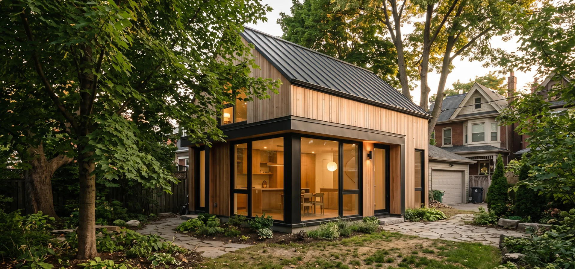 Detached two-storey garden suite with cedar siding in a Toronto backyard at golden hour
