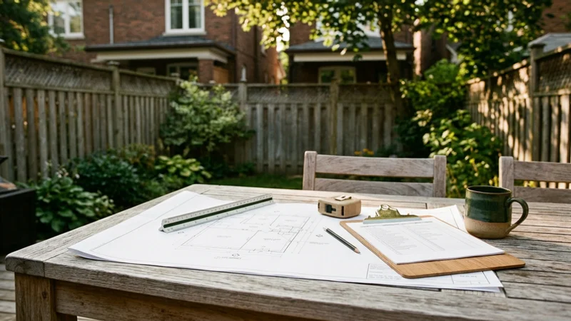 Feasibility site visit tools on a patio table in a Toronto backyard