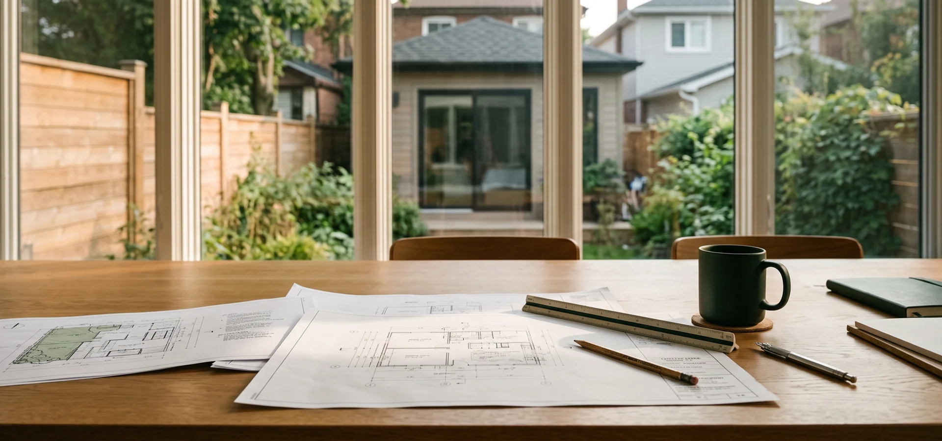 Garden suite permit drawings and site plan laid out on a table