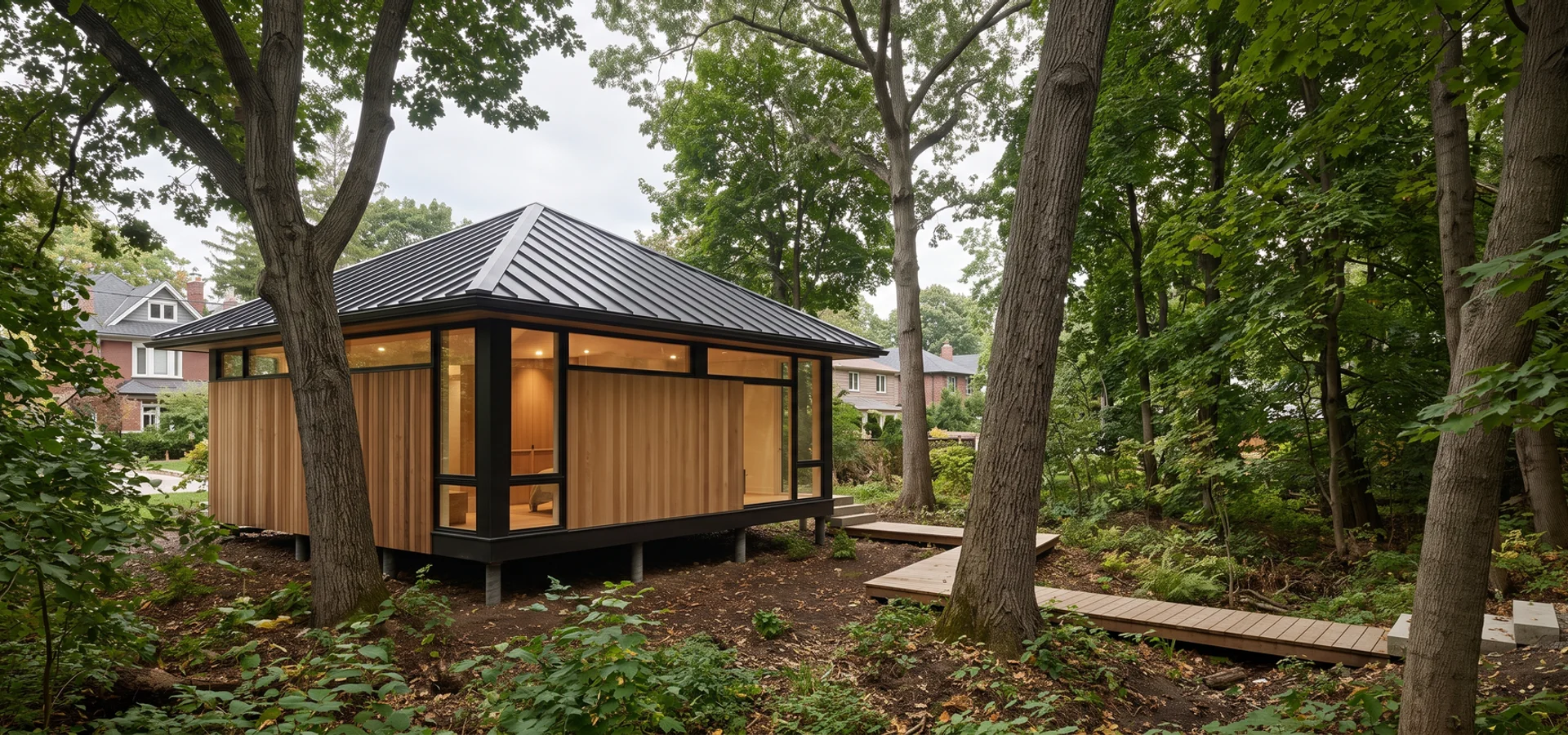 Garden suite on helical piles beside protected oaks near High Park