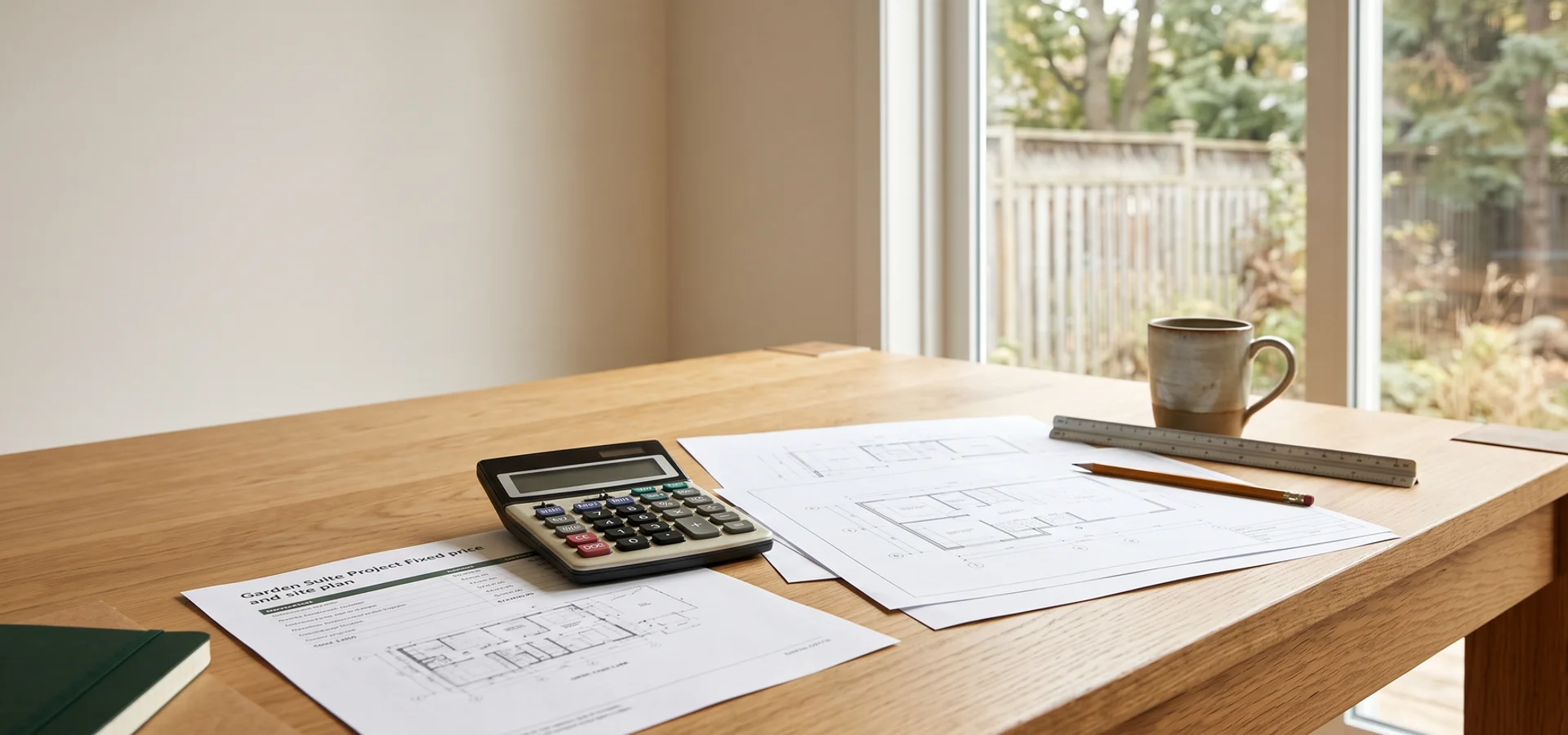 Printed garden suite fixed-price quote and site plan on a kitchen table