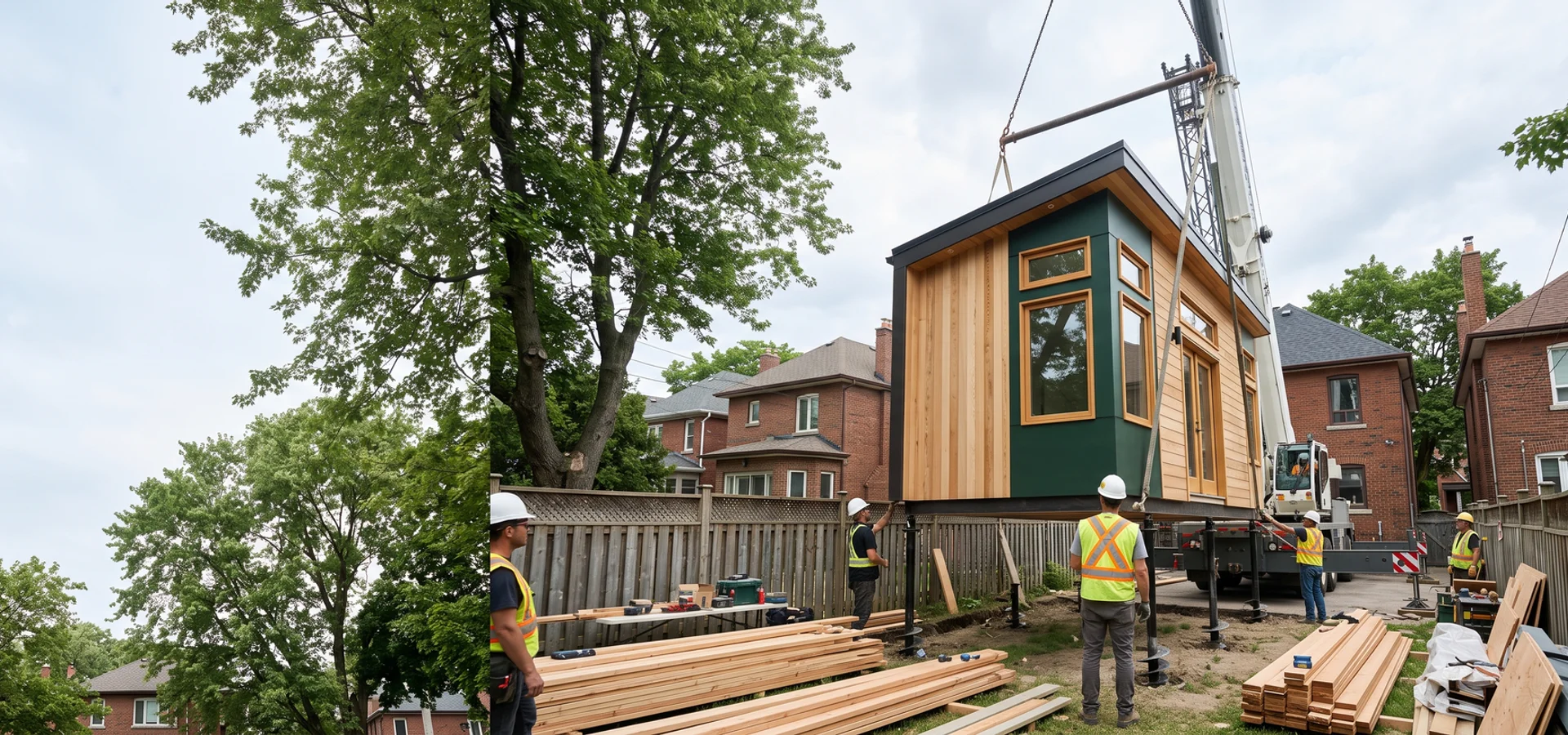 Crane lowering a factory-built garden suite module into a Toronto backyard
