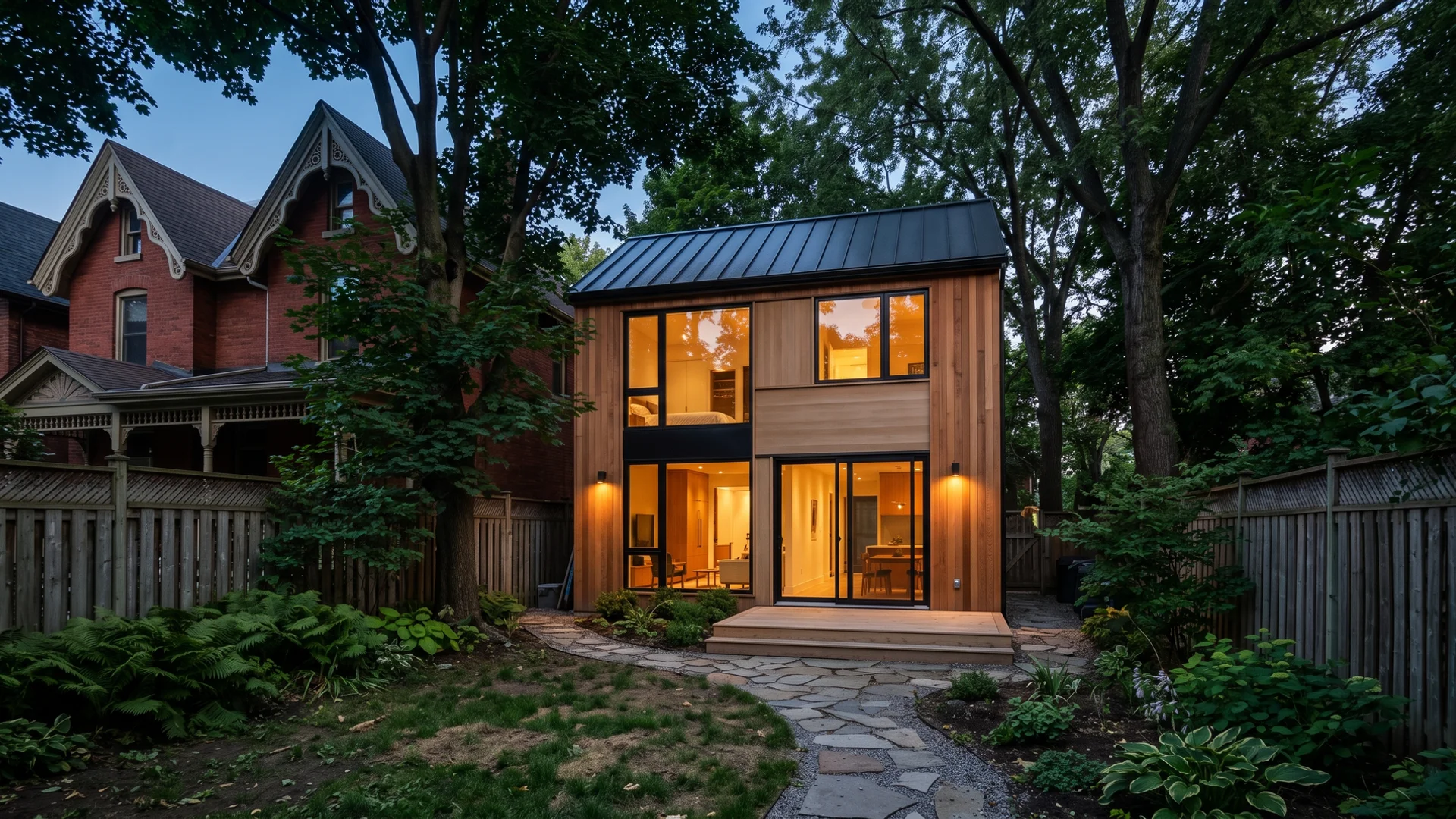 Modern two-storey garden suite glowing at dusk in a mature Toronto backyard