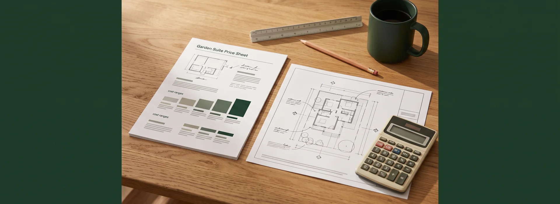 Garden suite price sheet next to a site plan on a wooden table