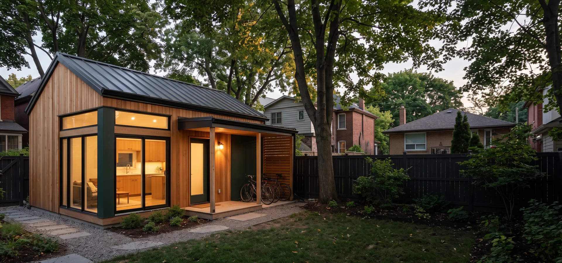 Rental-ready one-bedroom garden suite with a private entry at dusk