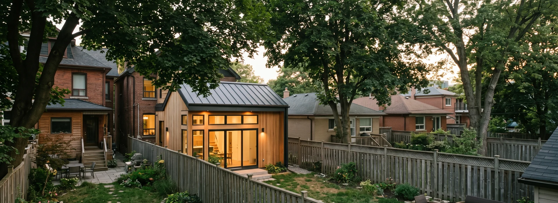 Toronto backyards with a modern garden suite among mature trees