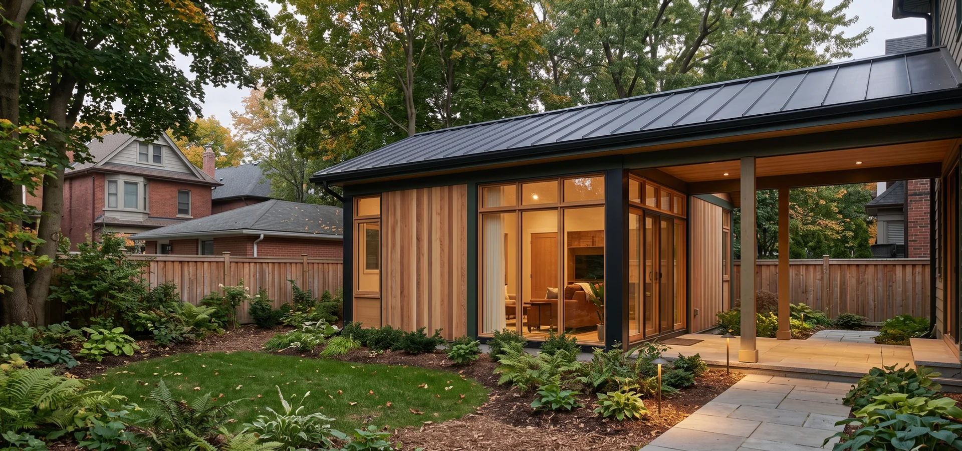 Single-level family garden suite with a step-free entry and lit path