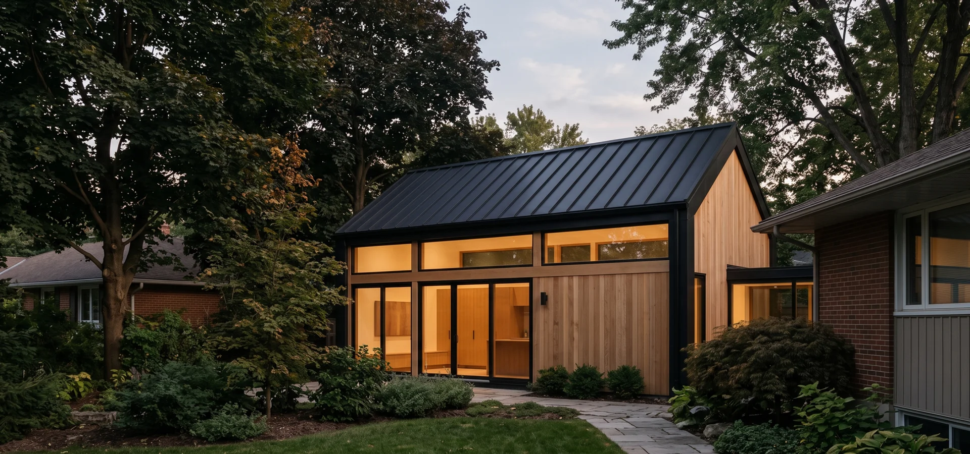 Single-storey garden suite behind a 1960s North York bungalow at dusk