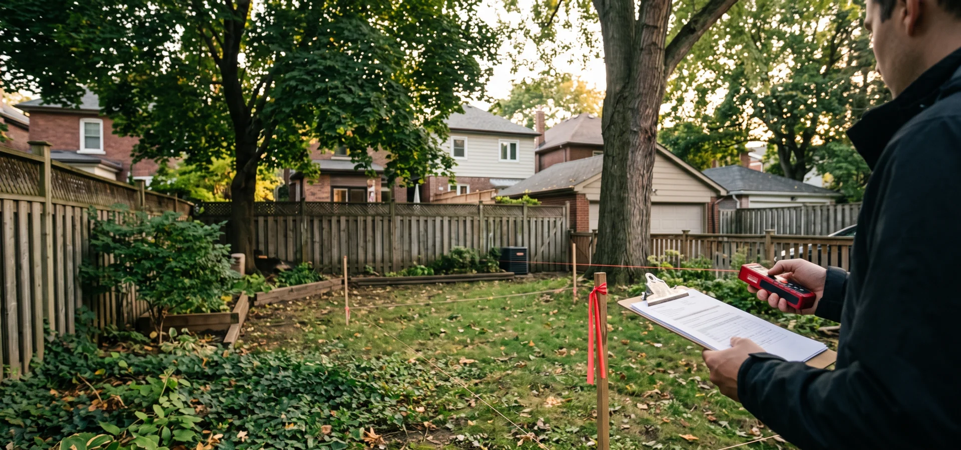 Site evaluator measuring a staked garden suite footprint in a Toronto backyard
