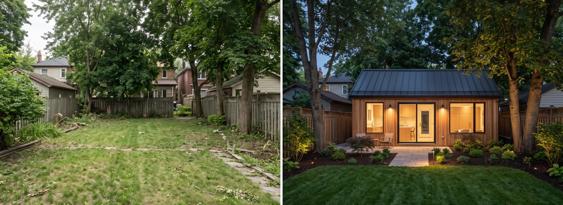 Split view of an empty Toronto backyard and the same yard with a finished garden suite