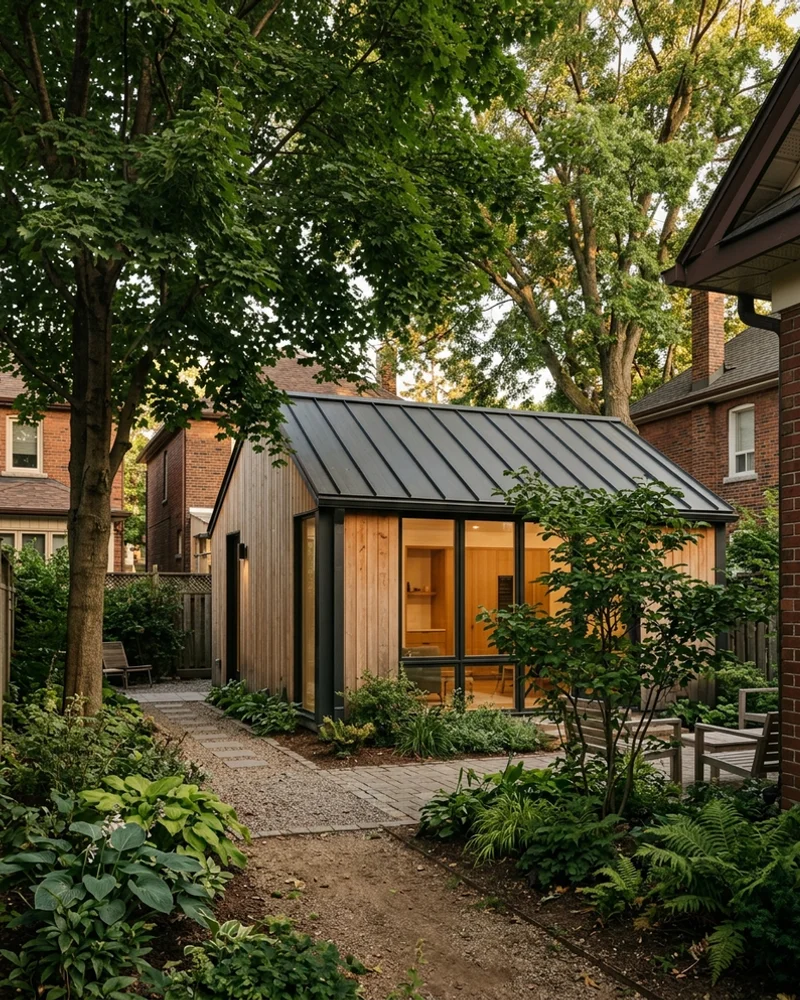 Single-storey garden suite in a Toronto backyard with separation from the main house