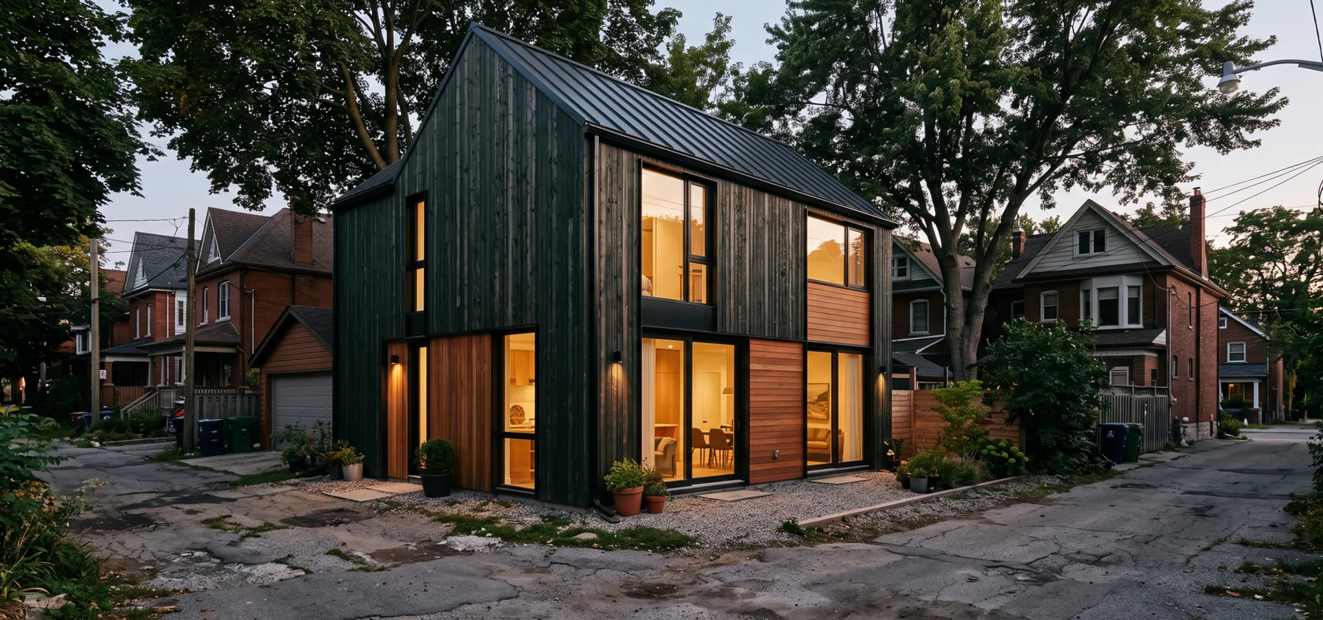 Two-storey laneway house facing a Toronto public lane at dusk